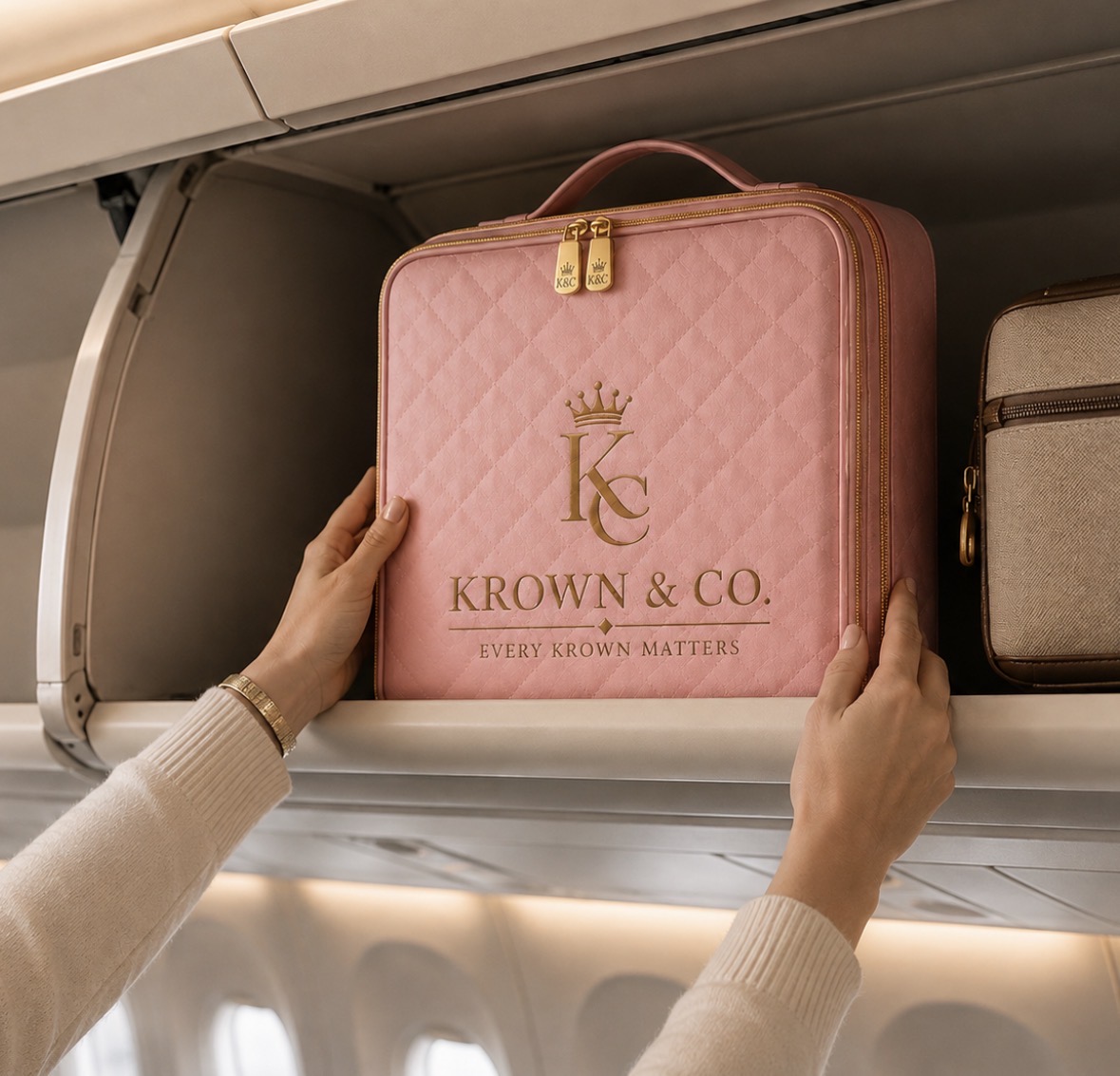 Hands packing a blush pink Krown & Co hair accessory pouch into a suitcase