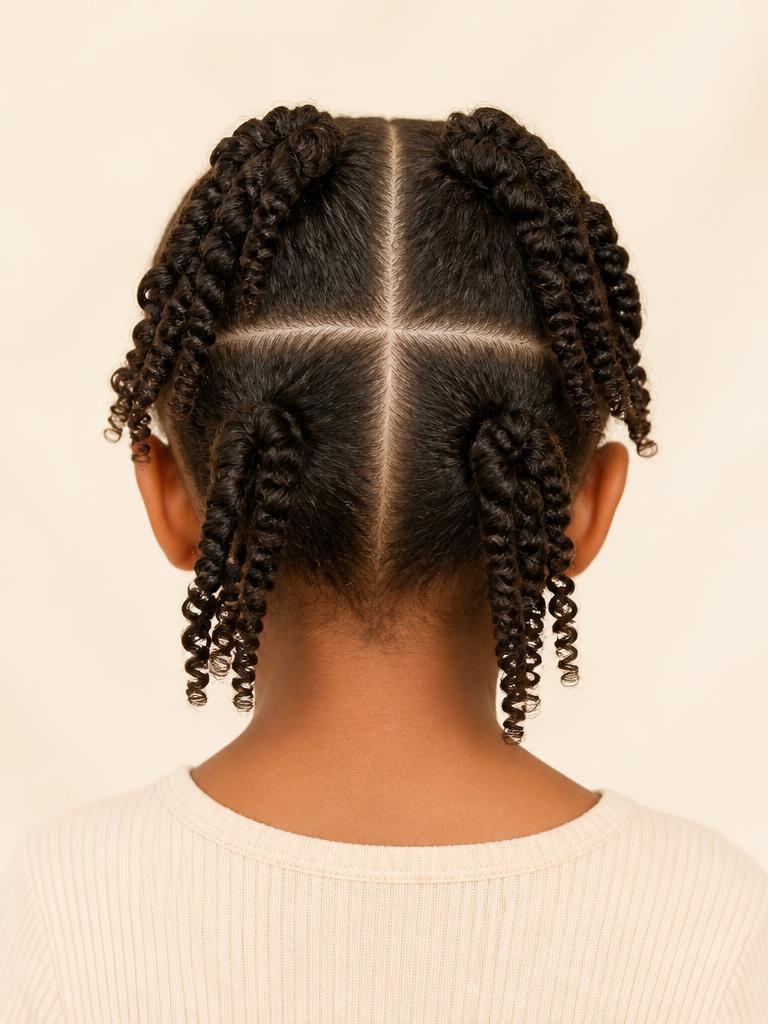 Curly 3B hair, Four box-parted twists